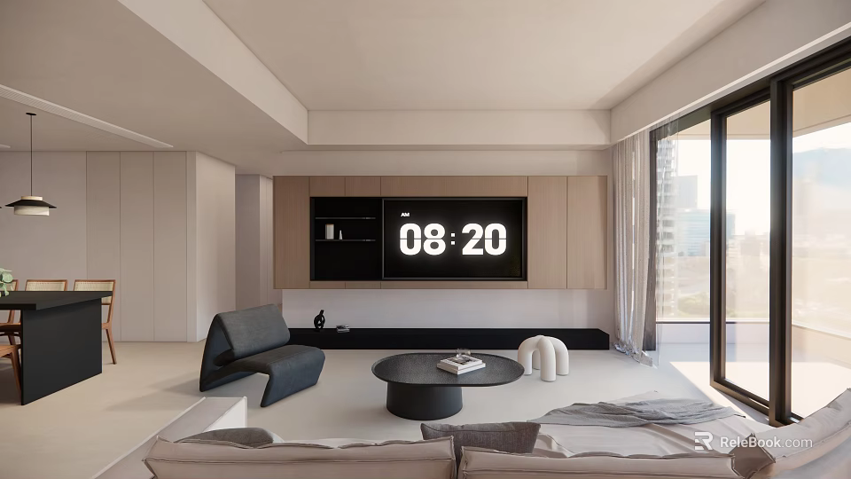 Modern Living Dining Room Interior With Sofa Coffee Table TV Cabinet And Large Windows 3d model 