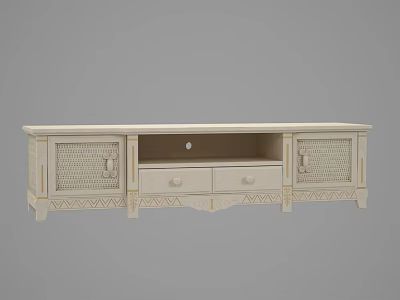 Vintage Style White TV Stand With Wicker Doors Drawers And Geometric Patterns 3d model