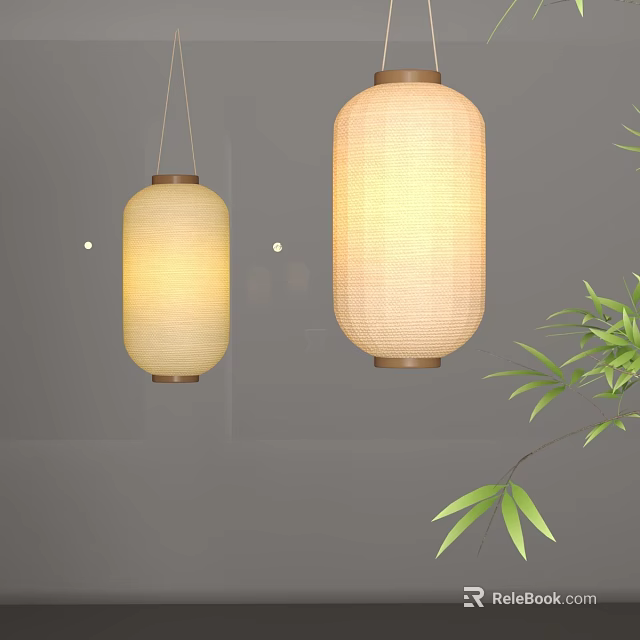 Two Hanging Decorative Paper Lanterns With Bamboo Branches On Gray Background 3d model 