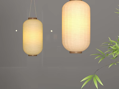 Two Hanging Decorative Paper Lanterns With Bamboo Branches On Gray Background 3d model