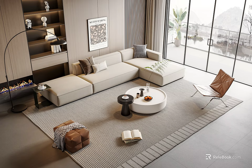 Modern L shaped Sofa Coffee Table Set With Round Table And Area Rug 3d model