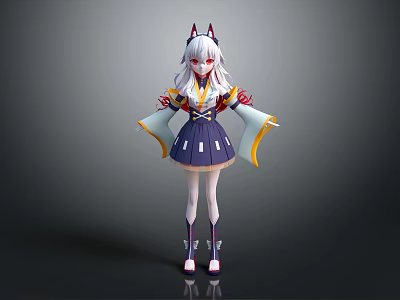 Game Anime Character With White Long Hair Red Horns And Kimono Style Outfit 3d model