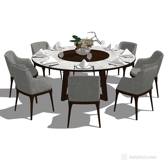 Modern Round Dining Table Set With Six Chairs And Vase Tableware 3d model