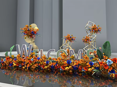 Elegant Welcome Sign Decorated With Colorful Flowers And Golden Geometric Structures 3d model