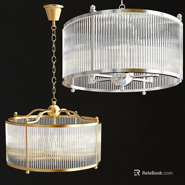 Elegant Two Modern Chandeliers With Transparent Glass And Gold Metal Vertical Ribbed Design 3d model 