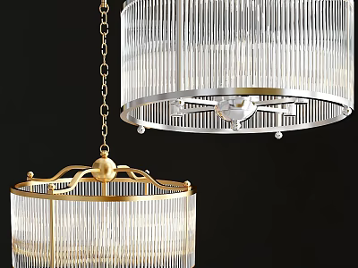 Elegant Two Modern Chandeliers With Transparent Glass And Gold Metal Vertical Ribbed Design 3d model