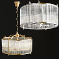 Elegant Two Modern Chandeliers With Transparent Glass And Gold Metal Vertical Ribbed Design
