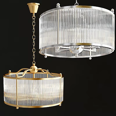 Elegant Two Modern Chandeliers With Transparent Glass And Gold Metal Vertical Ribbed Design 3d model