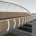 Modern Arched Pedestrian Bridge With Wooden Deck And Concrete Piers Over Green Grassy Landscape