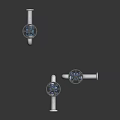 Industrial Hardware Tools Three Metal Valves With Blue Handwheels And Pipes