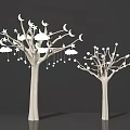 White Decorative Trees With Moon Star Cloud Ornaments On Gray Background 3d model