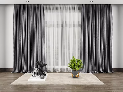 Elegant Gray Curtains with White Sheer Panels in Living Room with Green Plant and Statue 3d model