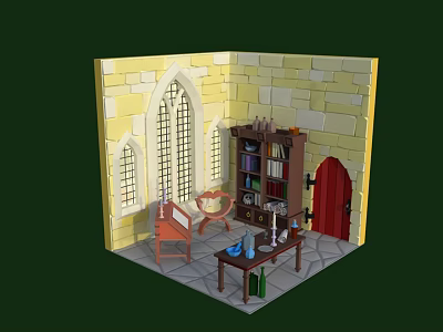Medieval Style Room Interior With Stone Walls Arched Windows Red Door And Wooden Bookshelf 3d model