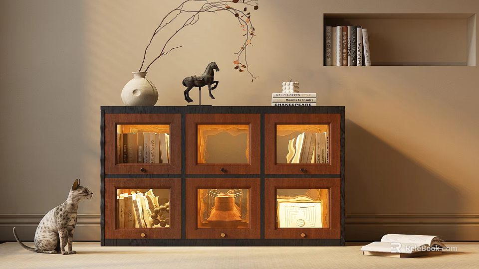Wooden Decorative Cabinet With Glass Doors Books And Vase Horse Ornament In Living Room 3d model 