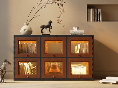 Wooden Decorative Cabinet With Glass Doors Books And Vase Horse Ornament In Living Room 3d model