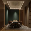 Modern Restaurant Interior With Red Walls Food Display Posters Dining Tables And Chairs