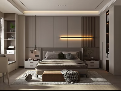 Modern Bedroom Interior Featuring King Bed Nightstands Hanging Lights Bench And Wooden Accent Wall 3d model