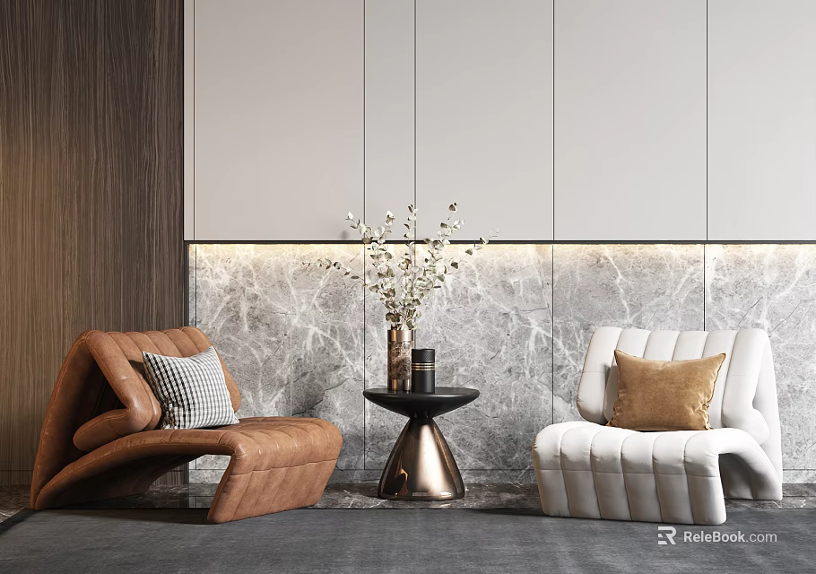 Modern Leisure Sofa Set with Brown and White Chairs Side Coffee Table Marble Backdrop 3d model