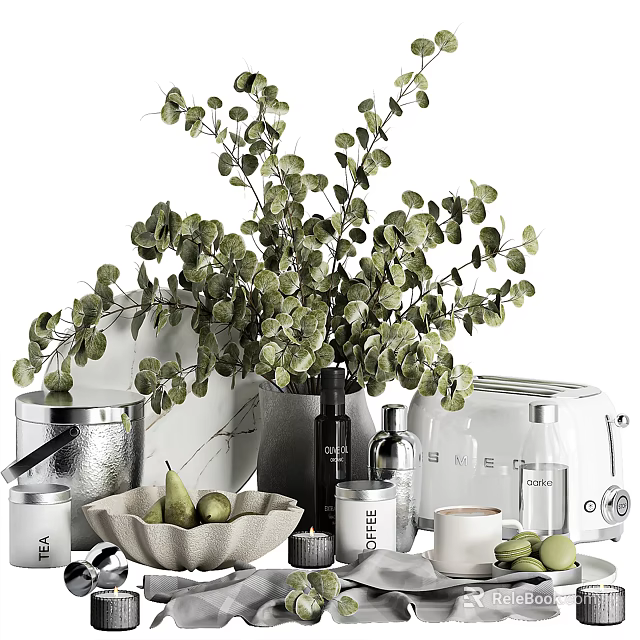 Stylish Tableware Set With Bowl Pears Canisters Greenery And Appliances 3d model 