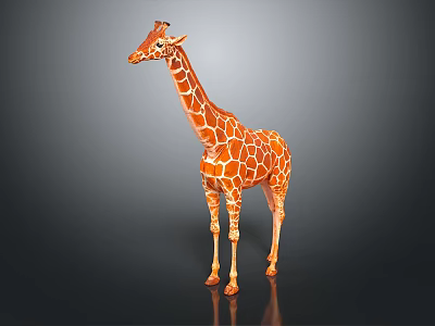 Giraffe Model With Orange Brown Spotted Pattern Standing On Dark Background With Shiny Reflection 3d model