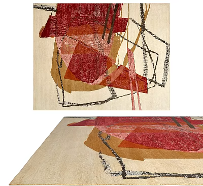 Square Rug Featuring Abstract Patterns Red Brown Beige Tones And Black Lines Modern Interior Decor 3d model