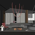 Modern Living Room Interior With Red Chandeliers Gray L Shaped Sofa And Potted Plant