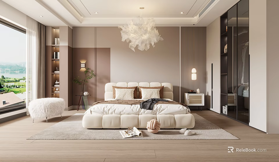 Elegant Modern Bedroom Interior With Large Bed Feather Chandelier And Wooden Flooring 3d model 
