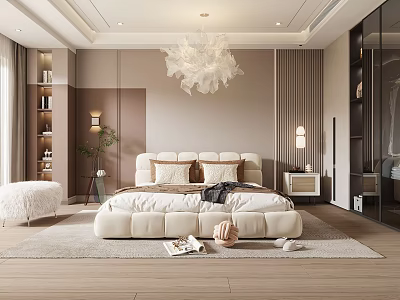 Elegant Modern Bedroom Interior With Large Bed Feather Chandelier And Wooden Flooring 3d model