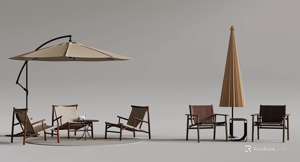 Beige Outdoor Sunshade Canopy with Wooden Brown Chairs and Coffee Table in Patio Seating Area 3d model 