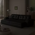 Black Leather Sectional Sofa In Living Room With Window Blinds Floor Lamp And Wooden Cabinet
