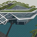 Modern Sales Office Building With Glass Curtain Wall And Geometric Structure Reflection On Water Surface 3d model