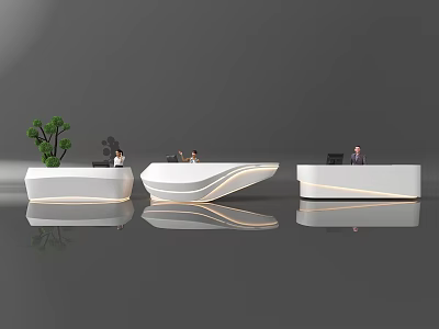 Modern White Reception Desks With Curved Design Green Plant And Staff Working 3d model