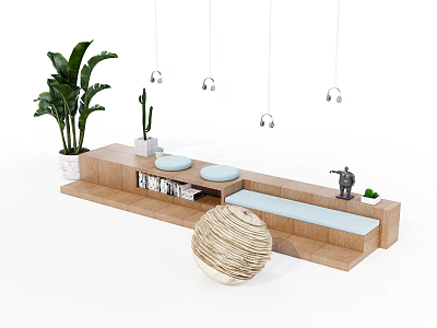 Modern Public Chair Design With Wooden Structure Green Plants And Hanging Lights 3d model