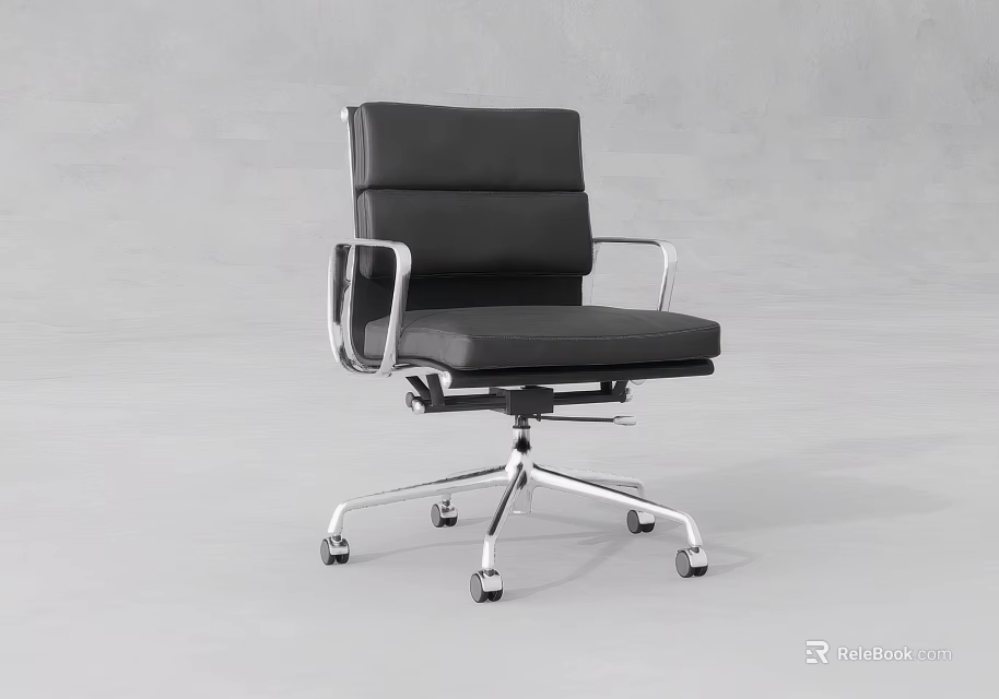 Modern Black Leather Office Chair With Silver Metal Arms And Swivel Wheels 3d model 