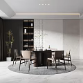 Elegant Modern Restaurant Interior With Round Dining Table Chairs Vertical Striped Wall And Decorative Bookshelf