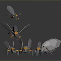 Game Movie Character Design Of Multiple Mechanical Insects With Metallic Wings And Yellow Gray Accents
