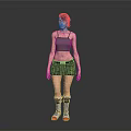 Woman wearing gray tank top gray skirt knee-high socks and sneakers with orange soles