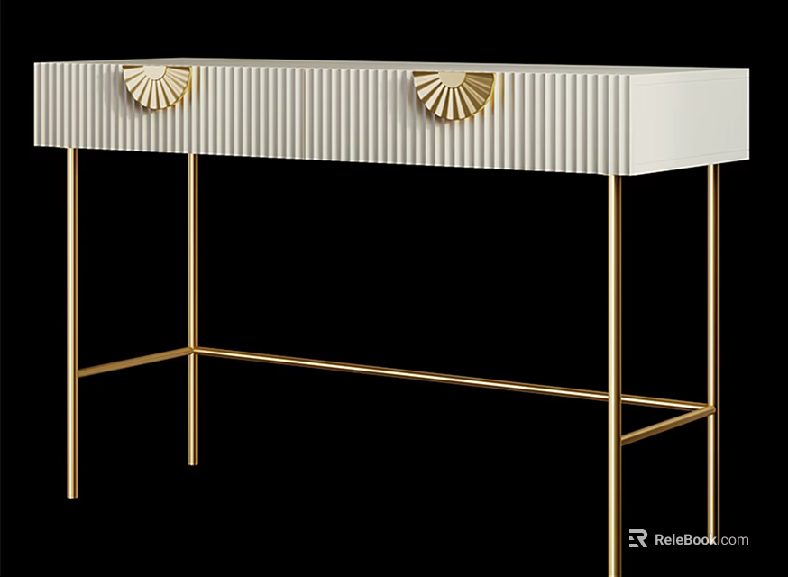 Elegant White Dressing Table With Striped Drawers Gold Fan Shaped Accents And Gold Metal Legs 3d model 