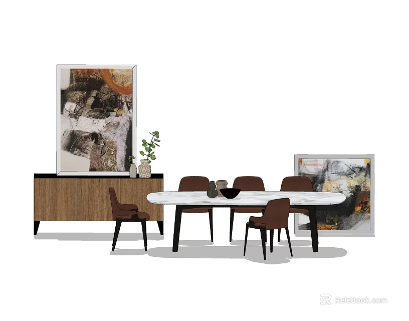 Elegant Dining Table Set with White Table Brown Chairs Wooden Cabinet and Abstract Wall Paintings 3d model 