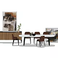 Elegant Dining Table Set with White Table Brown Chairs Wooden Cabinet and Abstract Wall Paintings
