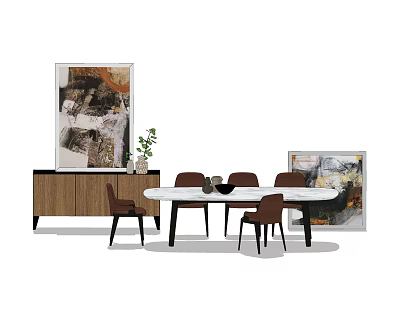 Elegant Dining Table Set with White Table Brown Chairs Wooden Cabinet and Abstract Wall Paintings 3d model