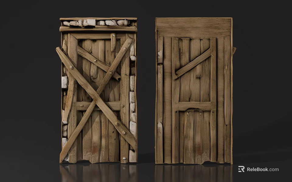 Rustic Wooden Swing Doors With Cross Planks And Aged Natural Texture 3d model 