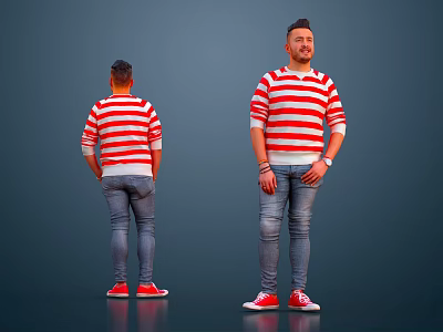 Man In Red White Striped Shirt Blue Jeans Red Sneakers Front And Back Views 3d model