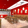 Wujia Noodle Restaurant Red Exterior Established 1985 With Wooden Tables Chairs Lanterns Chinese Style Interior