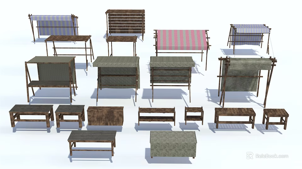 Various Furniture Pieces Including Tables Benches and Shelves With Wooden Frames and Striped Fabric 3d model 