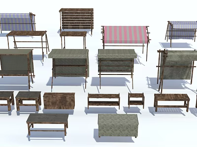 Various Furniture Pieces Including Tables Benches and Shelves With Wooden Frames and Striped Fabric 3d model
