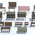 Various Furniture Pieces Including Tables Benches and Shelves With Wooden Frames and Striped Fabric