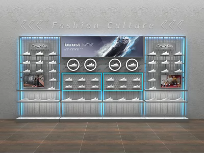 Fashion Culture Shoe Display Cabinet With Blue Lighting Multiple Shelves And Brand Showcases 3d model