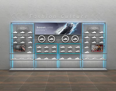 Fashion Culture Shoe Display Cabinet With Blue Lighting Multiple Shelves And Brand Showcases 3d model