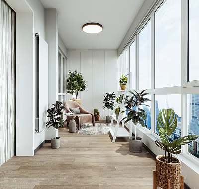 Home Balcony Decor With Cozy Chair Various Green Plants Large Windows And Wooden Floor 3d model